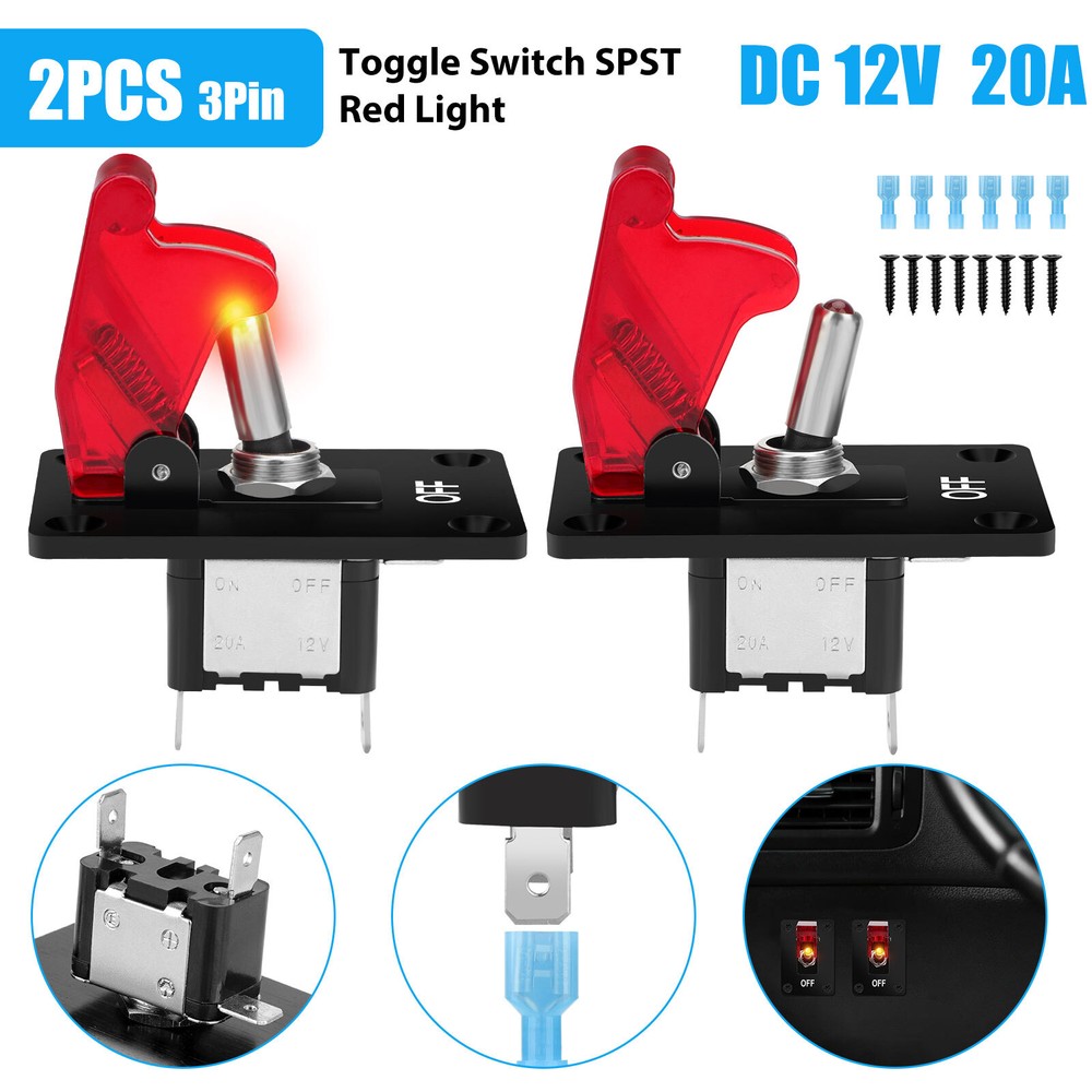 LED Lighted Toggle Switch with Aircraft Guard Safety Flip Cover 12V DC 20A SPST
