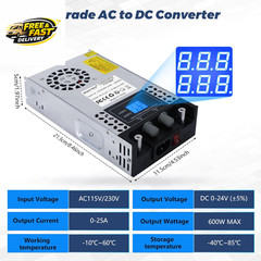 AC to DC Converter 110V-12V DC Power Supply Adjustable 0-24V 0-25A SMPS Max 600W