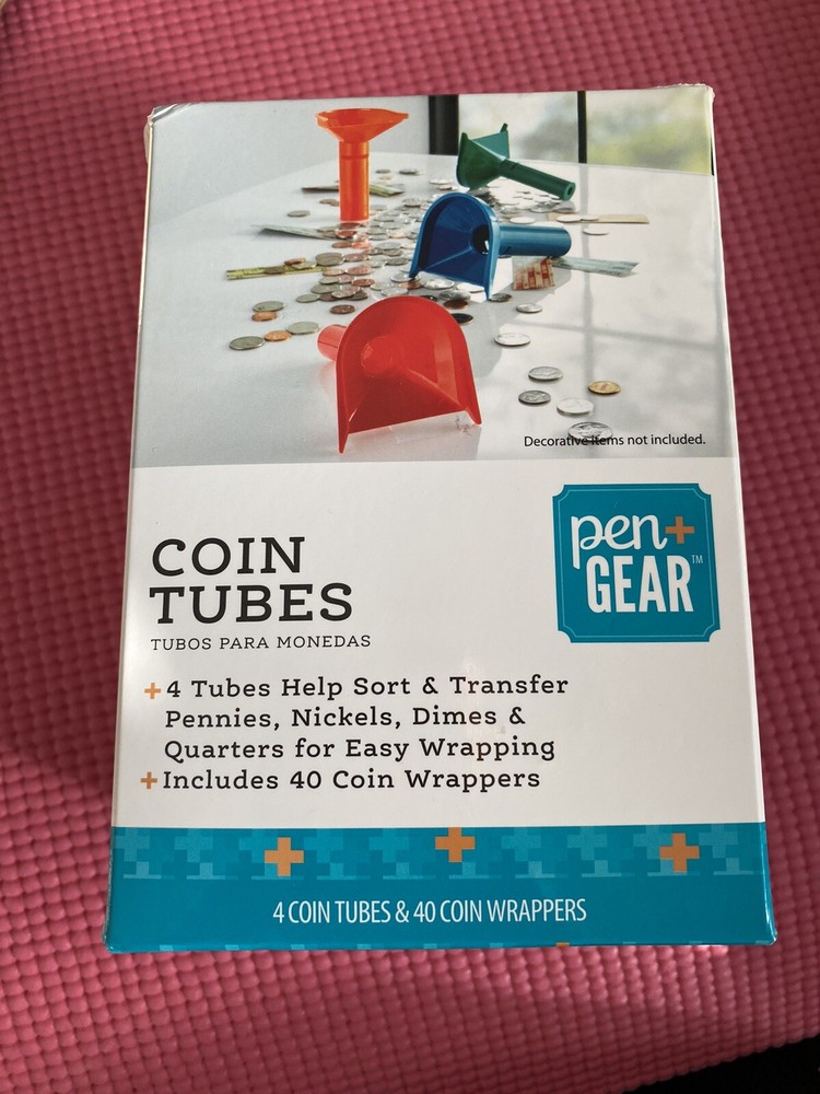 Pen Gear Coin Tubes 4 Tubes to Sort Coins & 40 Coin Wrappers – New