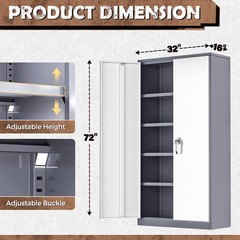 Metal Lockable Cabinet 72″H 2 Doors 4 Adj. Shelves Gray White Assembly Required