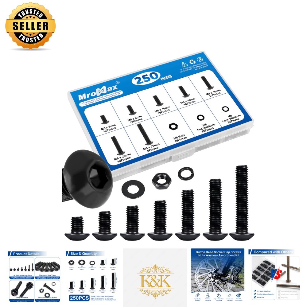 Complete M5 Fasteners Set: 250 Black Oxide Screws, Nuts & Washers (6-25mm)