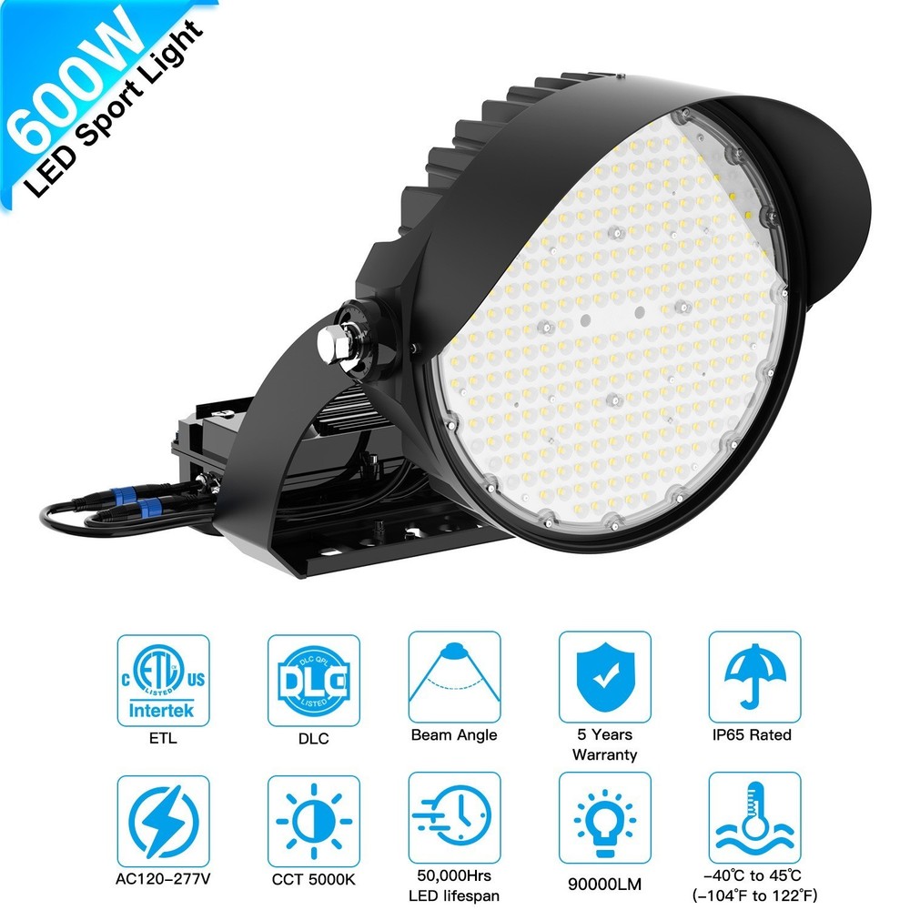 600W LED Stadium Flood Lighting Outdoor Sports Lamp 5000K AC100-277V 90000LM 60°