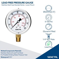 160 Psi Lead-Free Glycerin Liquid Filled Low Pressure Gauge, 2.5″ Dial Size,