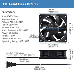 80mm x 25mm EC Axial Muffin Fan AC 110V-240V with Power Cord