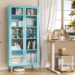 Metal Curio Cabinet Tempered Glass Adjustable Shelves Blue Assembly Required