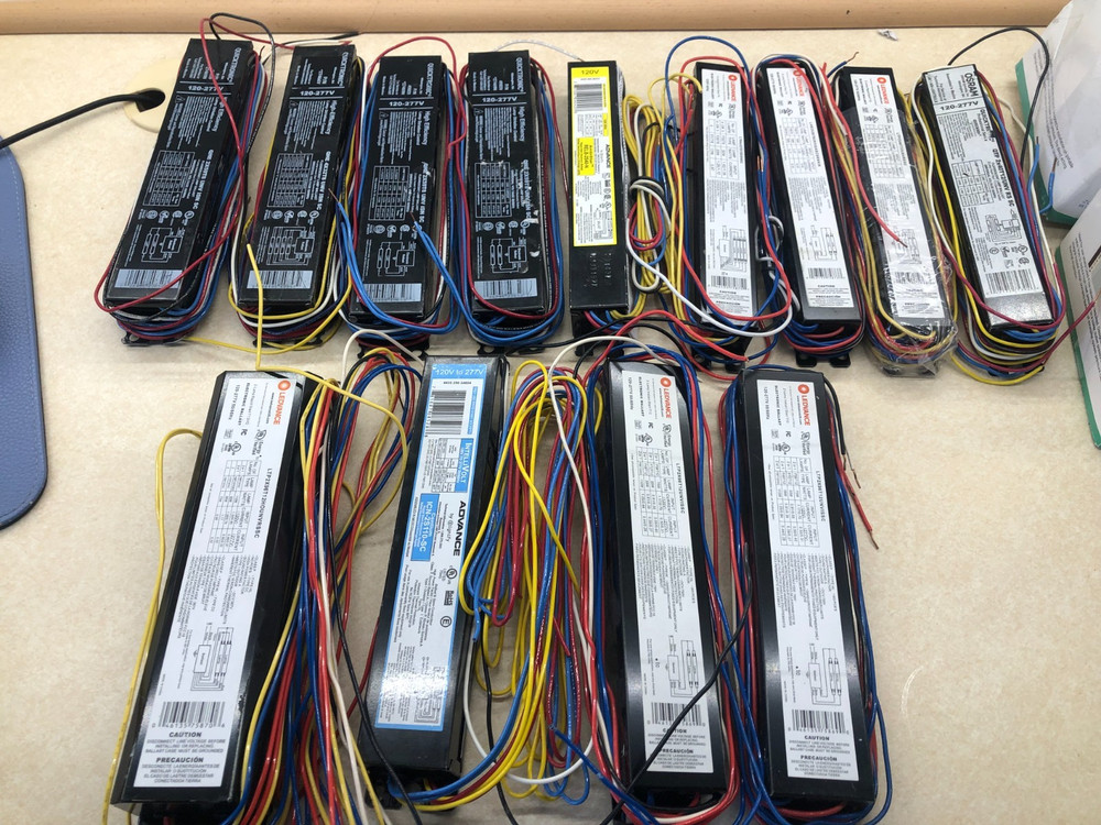 Lot of 13 Fluorescent Electronic Ballast, Assorted Brands and Models