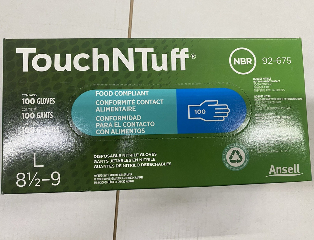 5 PACK Ansell TouchNTuff 92-675 Nitrile Powder-Free Gloves