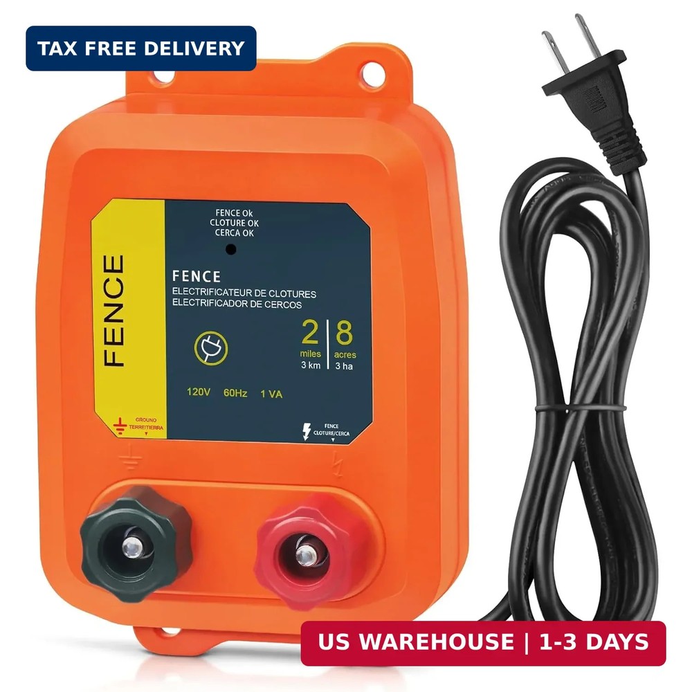 Electric Fence Charger PE2 0.10 Joule, 2-Mile/ 8 Acres Plug in Electric Fence Ch
