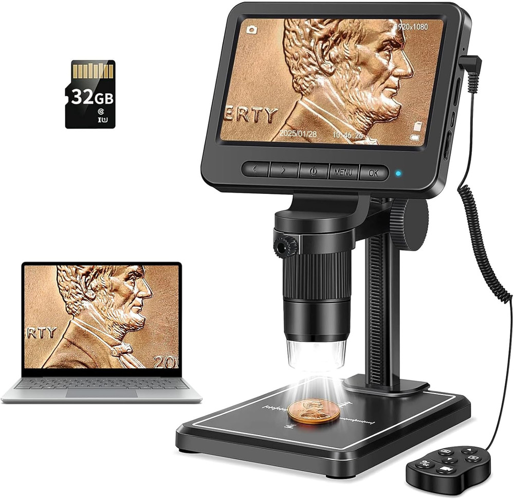 1080P LCD Digital Microscope with 32GB SD Card, Coin Microscope with 5-Inch IPS