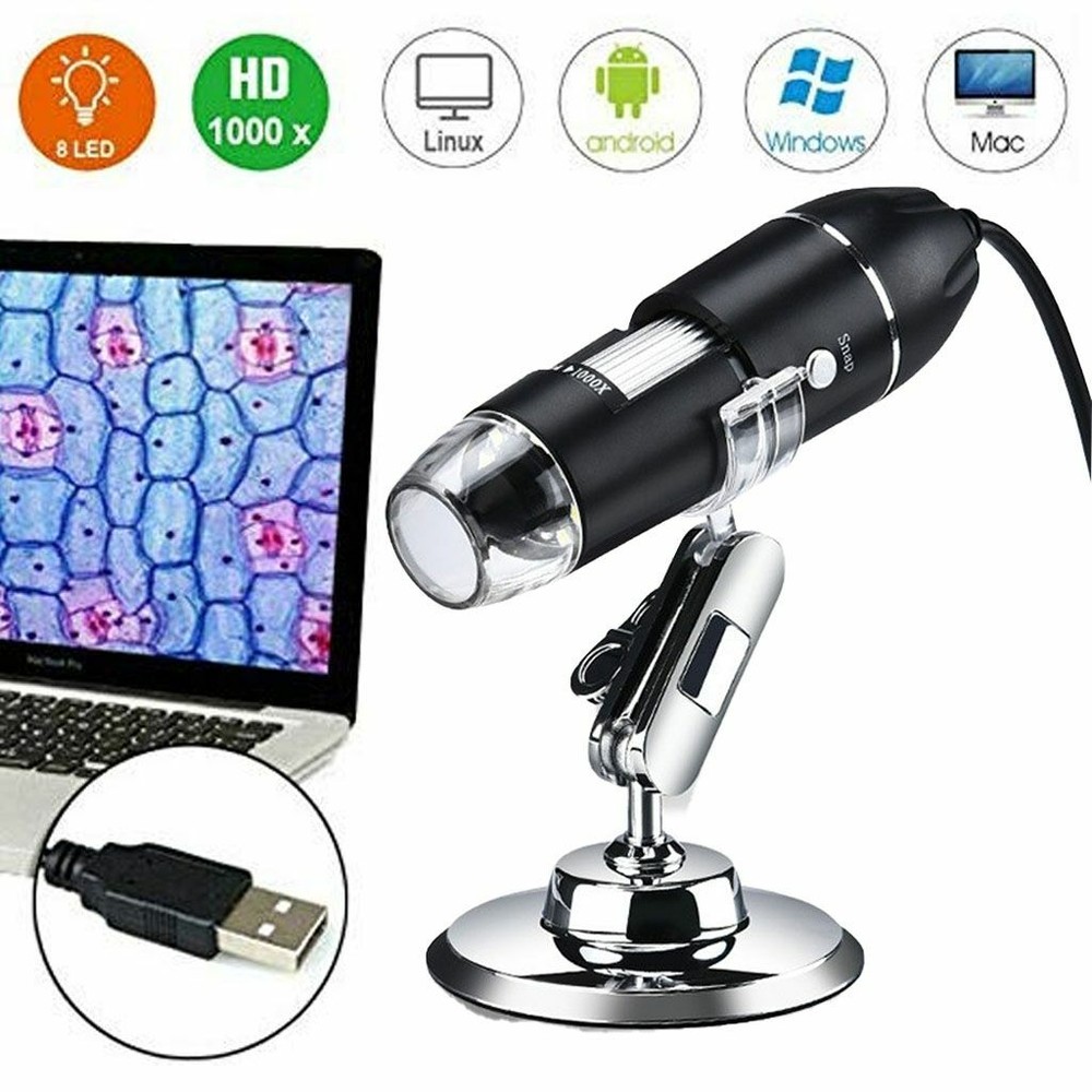 8LED 1000X 10MP USB Digital Microscope Endoscope Magnifier Camera w/ Stand Black