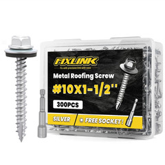 Metal Roofing Screws #10 x 1-1/2″ 300PCS Hex Head Rubber Washer Silver