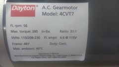 Dayton 4CVT7 0.5 Input HP 56 Nameplate RPM 115/208-230VAC AC Gearmotor
