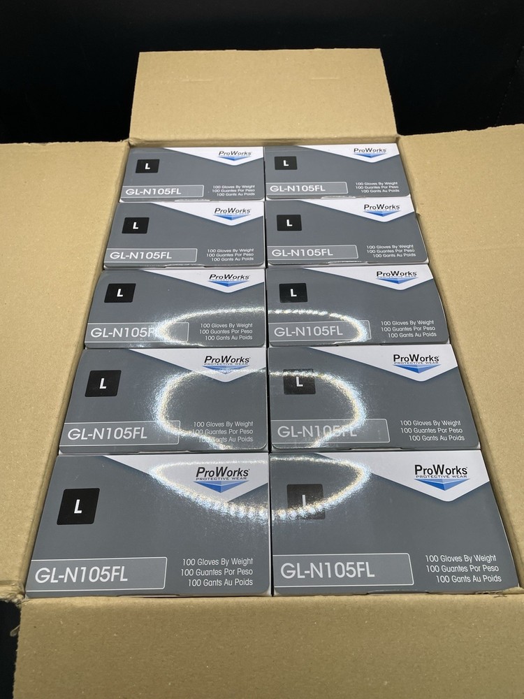 1 Case Of 10 Boxes ProWorks GL-N107FL Examination Gloves Black Nitrile L 100/box