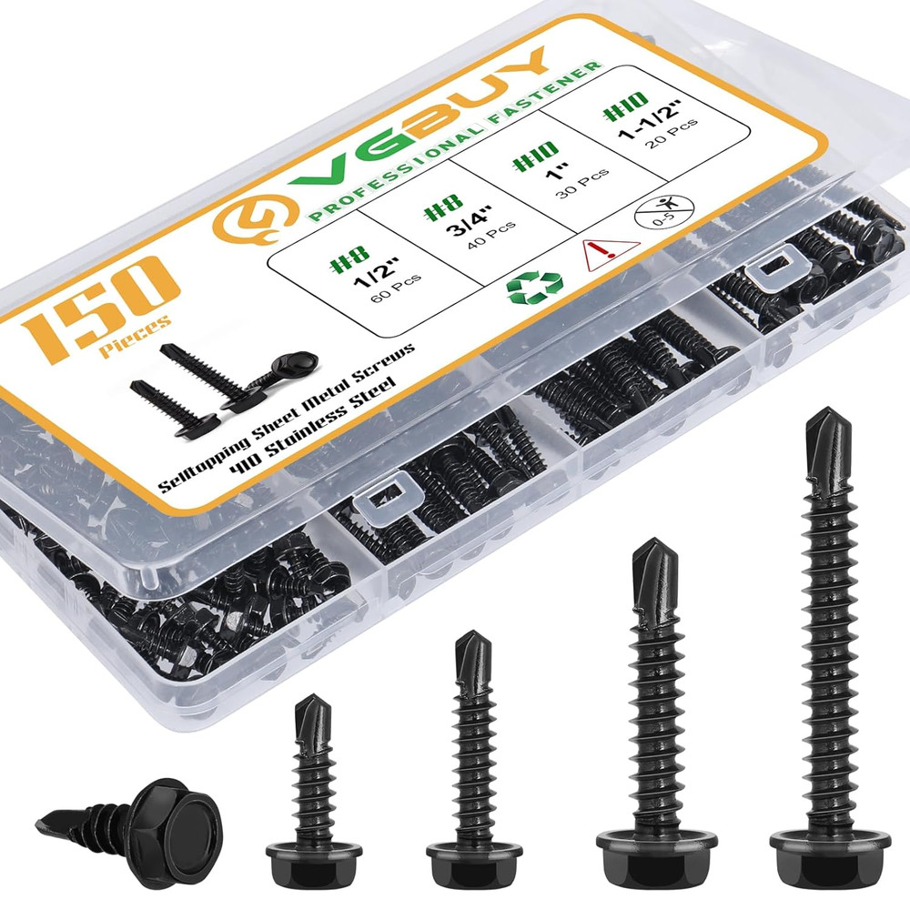 VGBUY 150Pcs Self Drilling Screws Assortment Kit, 410 Stainless Steel Self Tappi