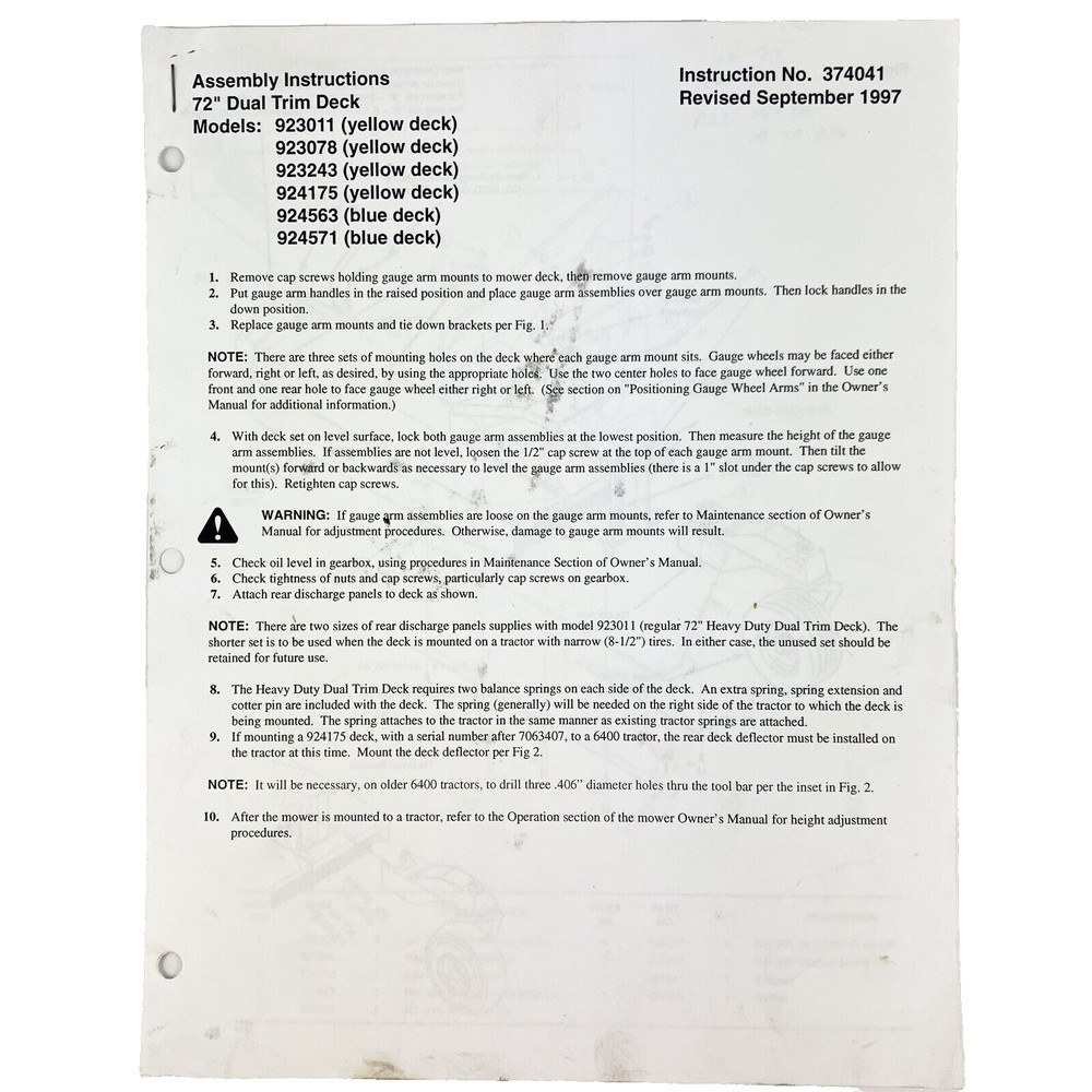 Hustler 923011 078 243 72” Dual Trim Deck Assembly Instructions Manual Vtg 97