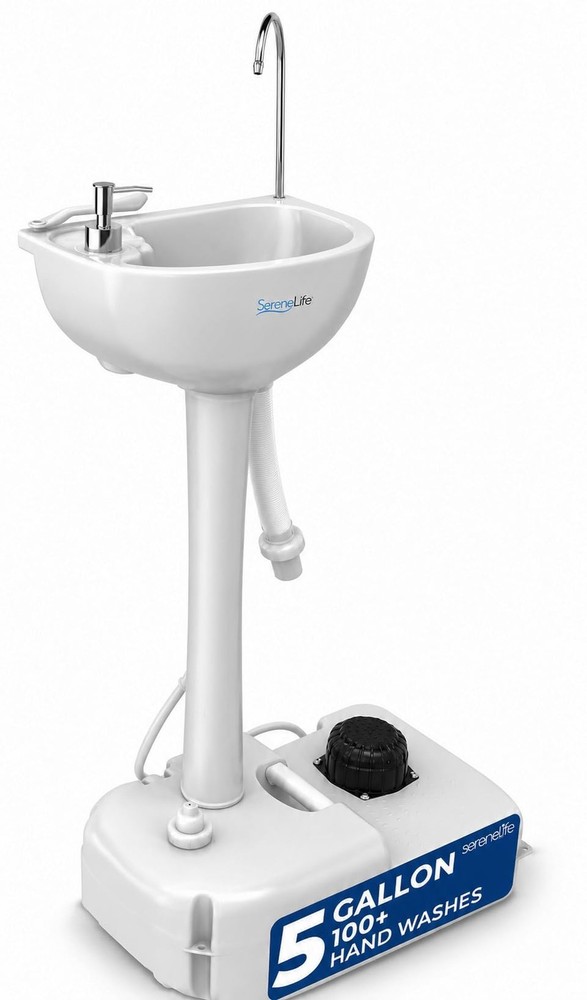 SereneLife Portable Hand Wash Sink Station w/Foot Pump 5+ Gallon 19L, White