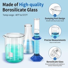 Lab Glassware Set, 9 Pieces – 3 Measuring Beakers, 3 Flasks, 3 Graduated Cylinde