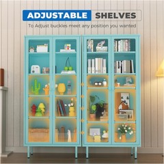 Metal Curio Cabinet Tempered Glass Adjustable Shelves Blue Assembly Required