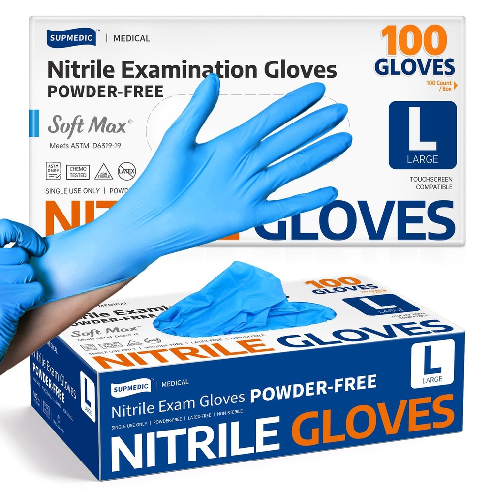 Supmedic Medical Nitrile Exam Gloves, Latex-Free, Blue, 100 Pcs (Large)