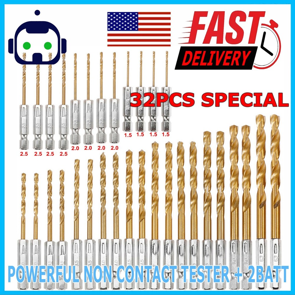 32pcs 1/4” Hex Shank Titanium Coated HSS Steel DRILL BIT Set Metal Wood Plastic