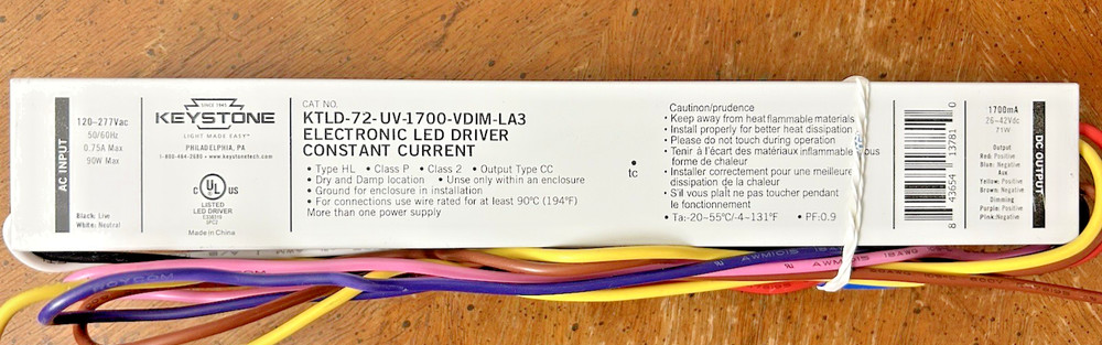 KEYSTONE KTLD-72-UV-1700-VDIM-LA3 LED Driver, 120-277v, 90w max, Dimmable, NEW