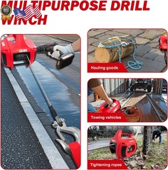 Portable Drill Winch 1500LB Capacity Hand Winch with 40FT Steel Cable 360°