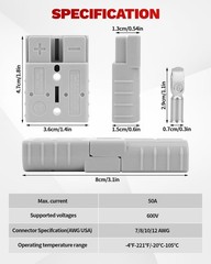 50A 600V Quick Disconnect Battery Connectors 7/8/10/12 AWG 2PCS Gray Battery
