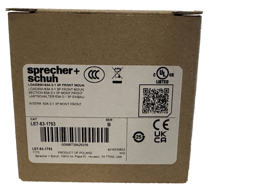* BRAND NEW * Sprecher + Schuh LE7-63-1753 63A 3P – Load Break Switch Gray