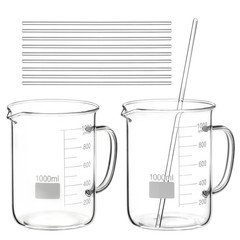 2 Pack 1000Ml Borosilicate Glass Beaker with Handle, & 10 Pcs 12″ Science Glass