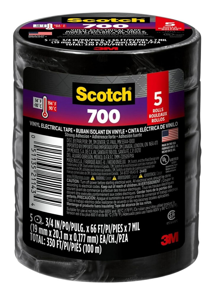 Scotch Vinyl 700 Electrical Tape 5 Rolls Black 3/4-in x 66-ft Commercial Grade