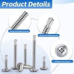200PCS Sheet Metal Self-Drilling Screws Assortment Kit – #8 Truss Head Stainless