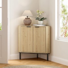 Fluted Corner Cabinet 2 Doors 2-Tier Shelves Light Oak Kitchen Bathroom