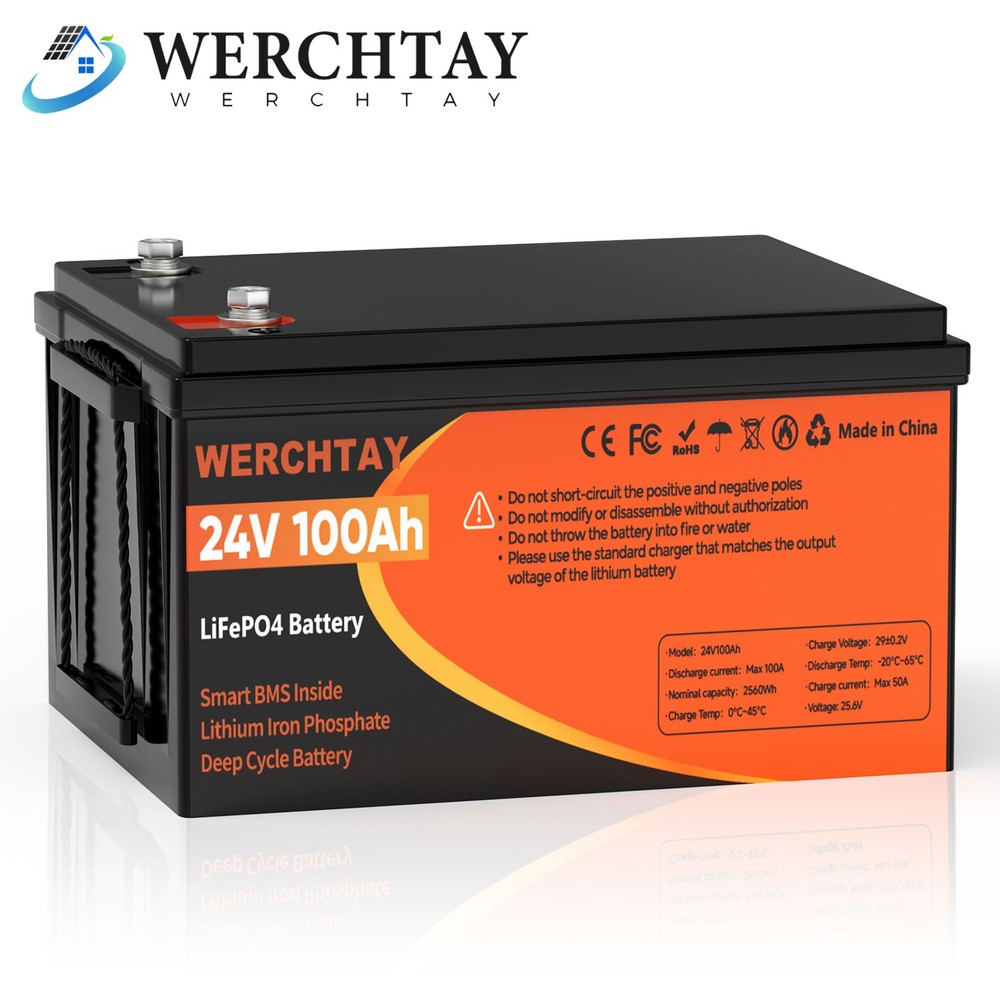 24V 100Ah LiFePO4 Lithium Battery 2560Wh Deep Cycles For RV Solar Boat Off-grid