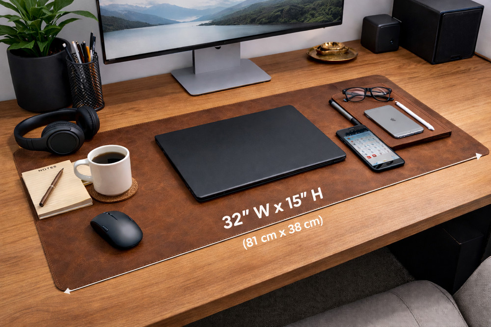 Leather Desk Mat 32″x15″ Large Keyboard Mouse Pad – Saddle Brown Full Grain