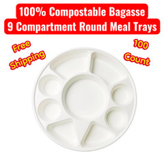 (100/Count) 100% Compostable 9 Compartment Bagasse Meal Tray, White