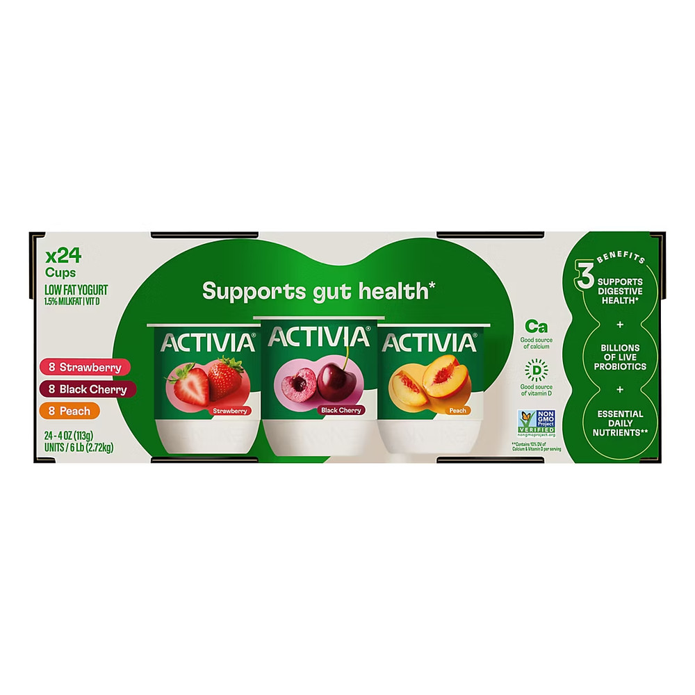Dannon Activia Lowfat Yogurt Variety Pack, Strawberry, Black Cherry, Peach, 24 p