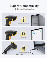 Inateck Wireless Barcode Scanner Bluetooth 1D USB 2000mAh 1 Charge 3 Months