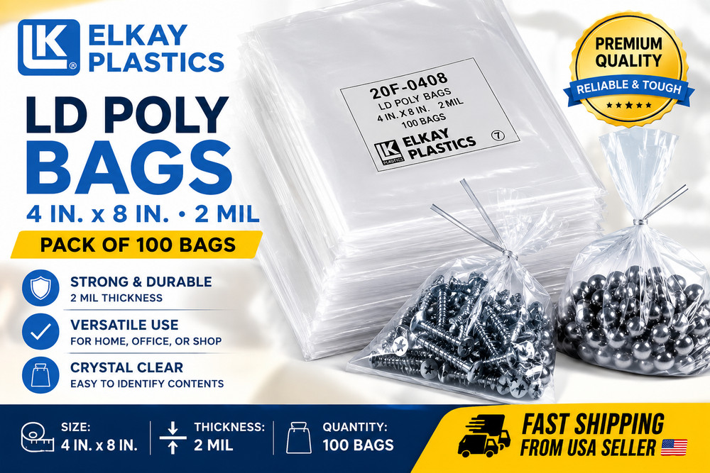 Elkay Plastics 20F-0408 LD Poly Bags 4″ x 8″ 2 Mil Clear Bags Pack of 100 New