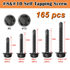 165Pcs #8#10 Self Tapping Screws, Sheet Metal Screws, 410 Stainless Steel Black