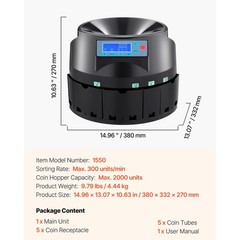 VEVOR USD Coin Sorter Coin Counter Wrapper and Roller 300 Coins/min LCD Display