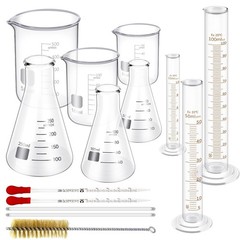 14Pcs Lab Flask Glass Measuring Glass Set: Beakers & Cylinders Lab Drying Rack
