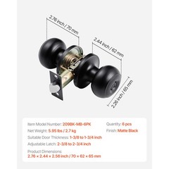 Uimoso Matte Black Interior Door Knobs for Bedroom and Bathroom, 6-Pack, Keyless