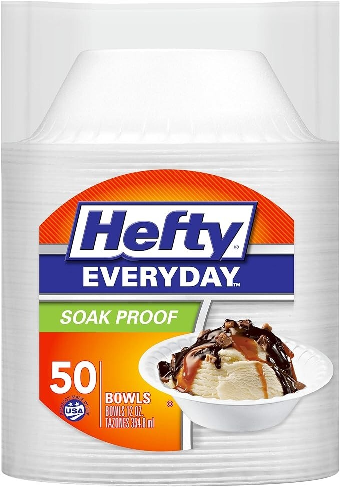 Hefty Everyday Soak Proof Foam Bowls Durable , 12 Ounce , White 50 Count