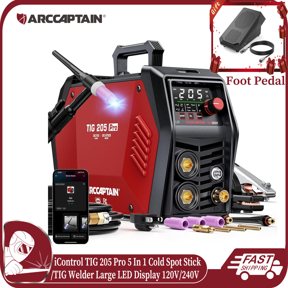 ARCCAPTAIN iControl TIG205 Pro 5 In 1 Cold Spot Stick/TIG Welder with Foot Pedal