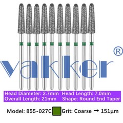 Vakker 10pc Dental Diamond Burs Round Long Round End Taper Diamond Bur