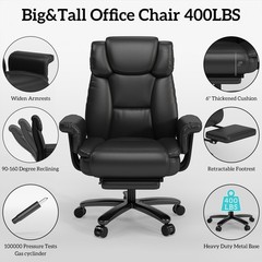 Big and Tall Office Chair 400LBS Reclining Executive Chair with Footrest Black