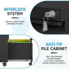 3 Drawer File Cabinet with Lock,Office Under Desk Rolling Filing Cabinet Storage