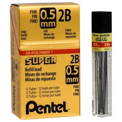 Pentel C505-2B 0.5mm 2B Super Hi-Polymer Lead, Box of 12 Tubes