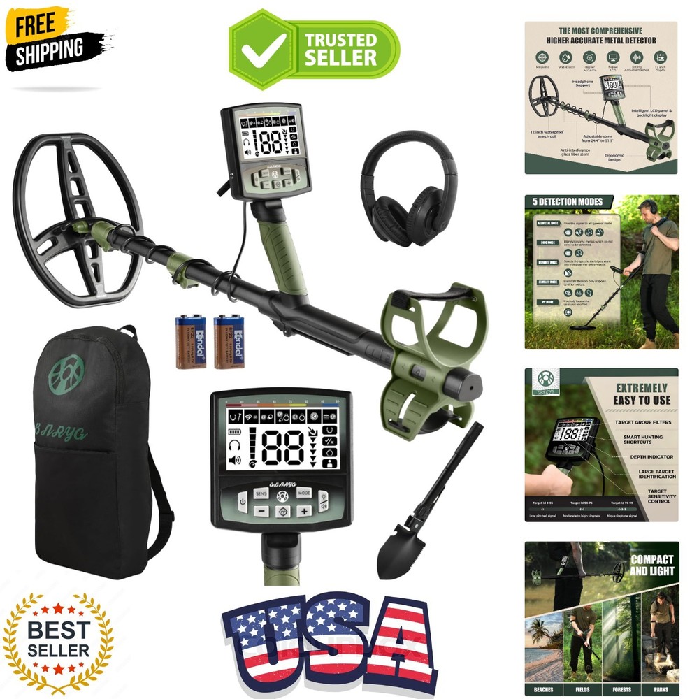 Professional Metal Detector for Adults,12″ Waterproof Search Coil with LCD B…