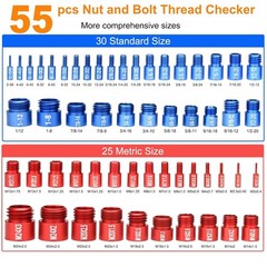 55Pcs Nut and Bolt Thread Checker 25 Metric + 30 SAE Inch Thread Gauge Set, Deta